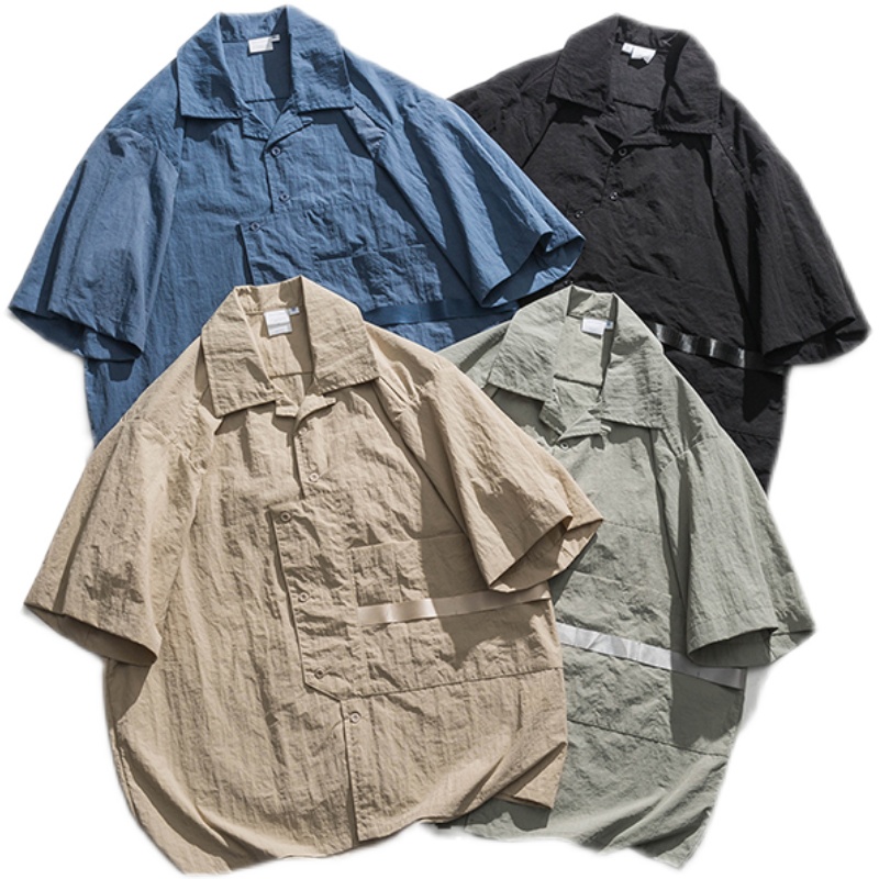 Vintage Large Pocket Blue Japanese Cuban-collared Shirt Summer Workshirt