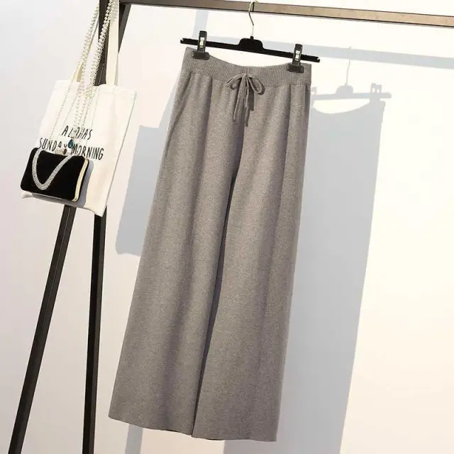 High Waist Drape Split Autumn Knitted Pants Grey - Shop at LoveMi