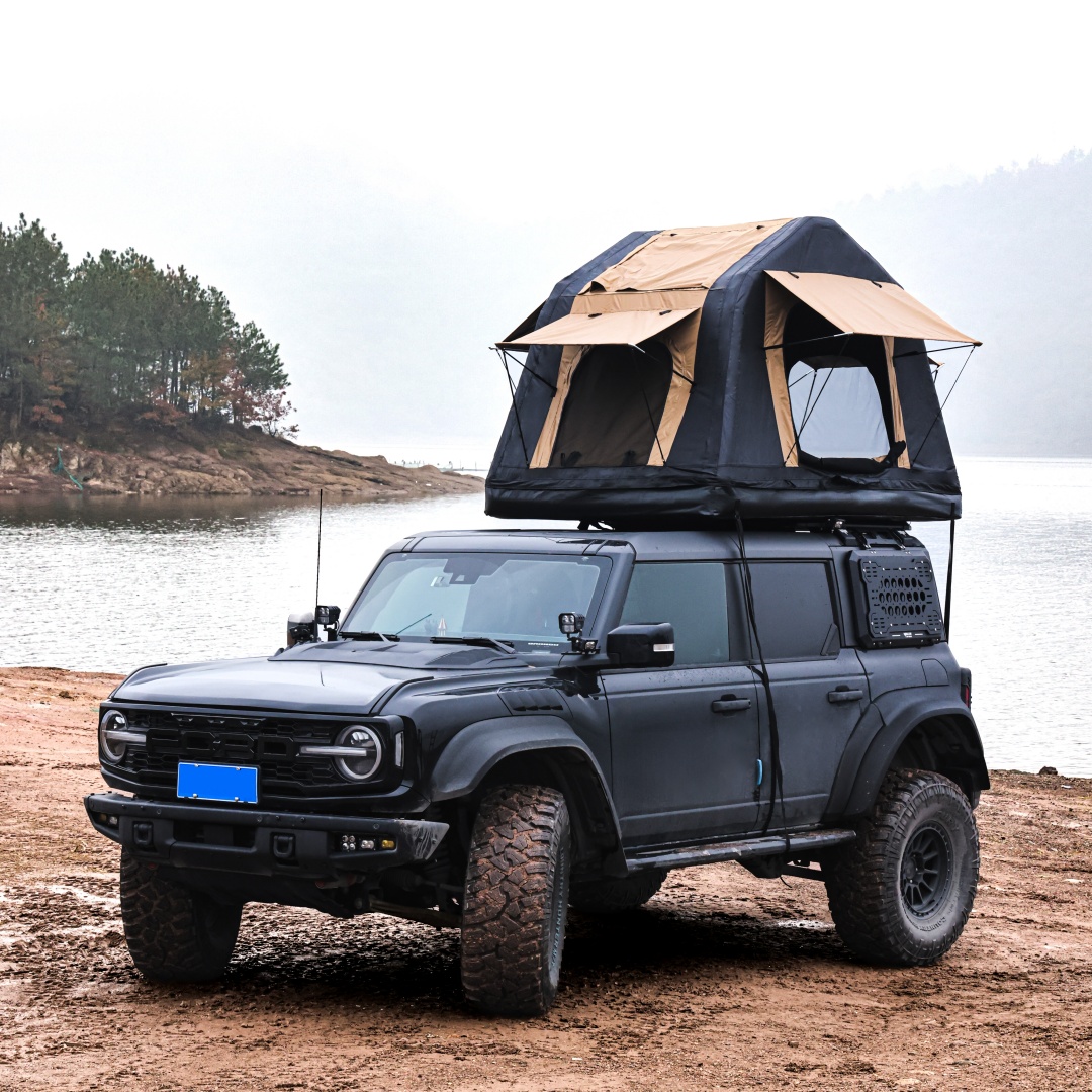 Foldable 2-3 People Amphibious Inflatable Car Roof Top Tent For Camping Outdoor Glamping Camping Tent For SUV,Truck  Without Ladder, Two-tone Style, Khaki & Black
