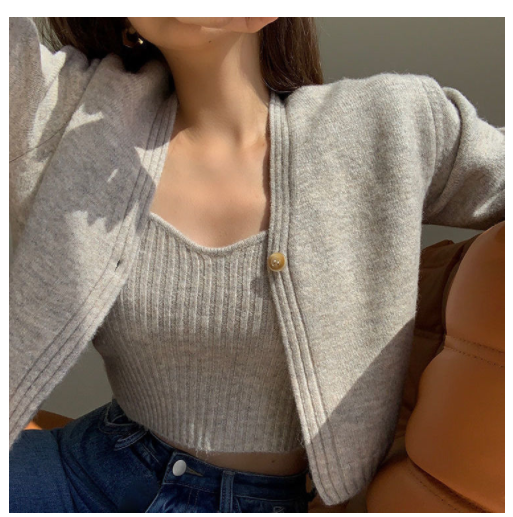 Autumn And Winter Korean Version Of V Neck Solid Color Sweater Knit Suit Grey - Shop at LoveMi
