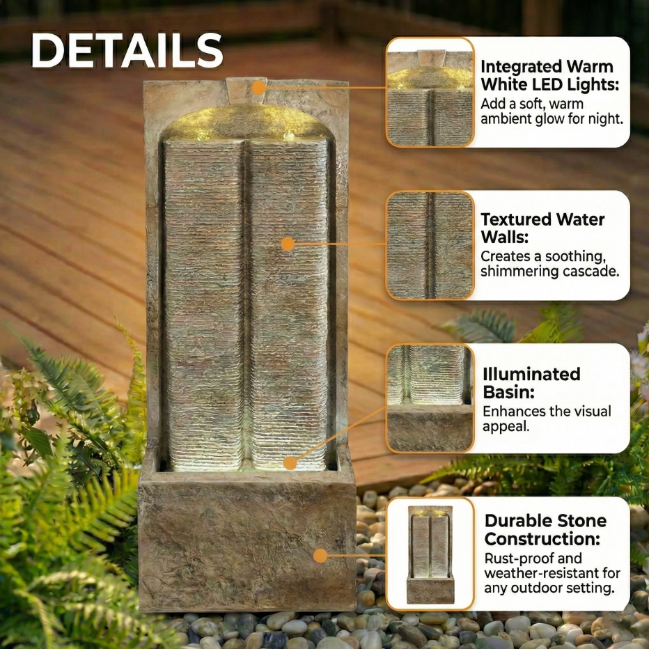 39 Inch Outdoor Water Fountain With Pump, Modern Cascading Freestanding Wall Fountain, Weather-Resistant Garden Water Feature With Warm White LED Lights, Outdoor Waterfall Fountain For Patio Porch Law — foto 6