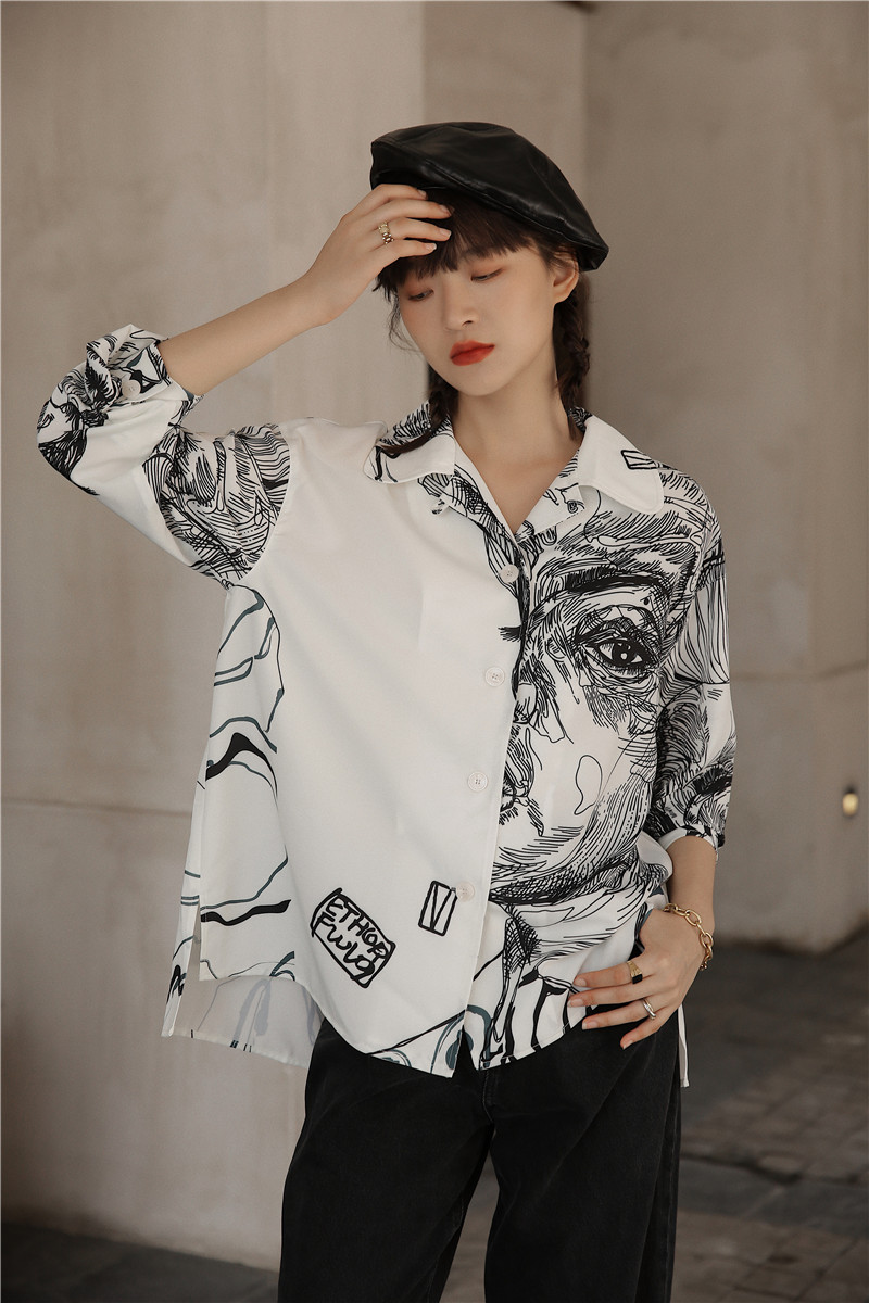 Contrasting Color Western Style Long-sleeved Chiffon Shirt Women