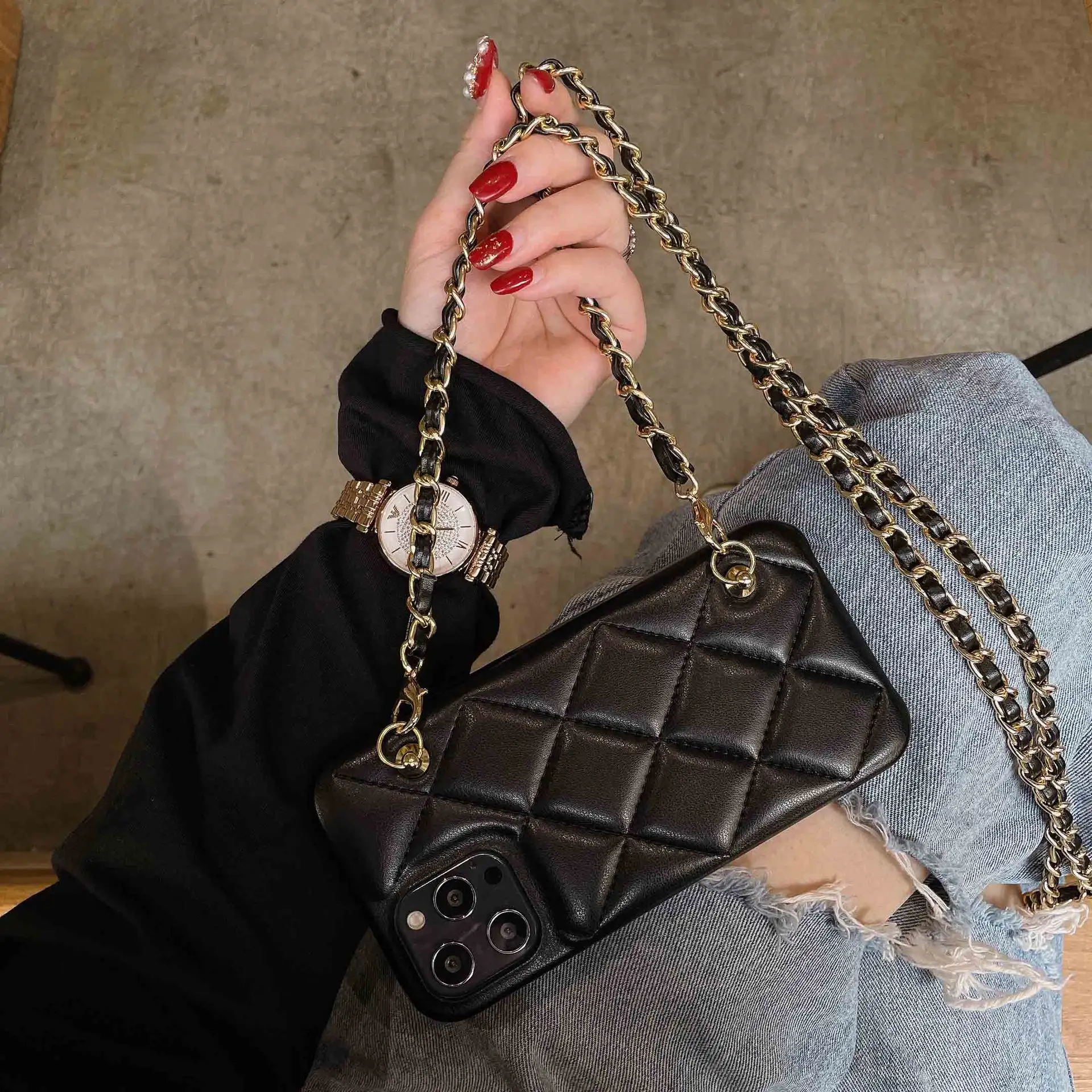 Lambskin Diagonal Cross Small Fragrance Leather Phone Case