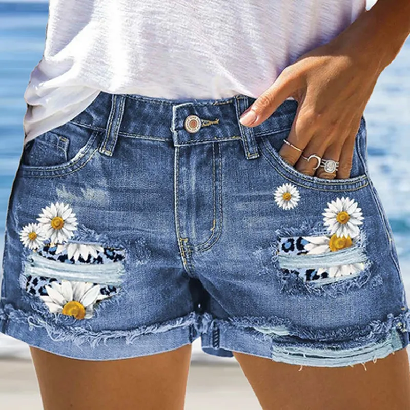 Women's Printed Denim Shorts Street Hipster - White