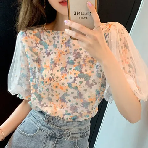 Short sleeved Beaded Mesh Loose Puff Sleeve Chiffon Top Color L - Shop at LoveMi
