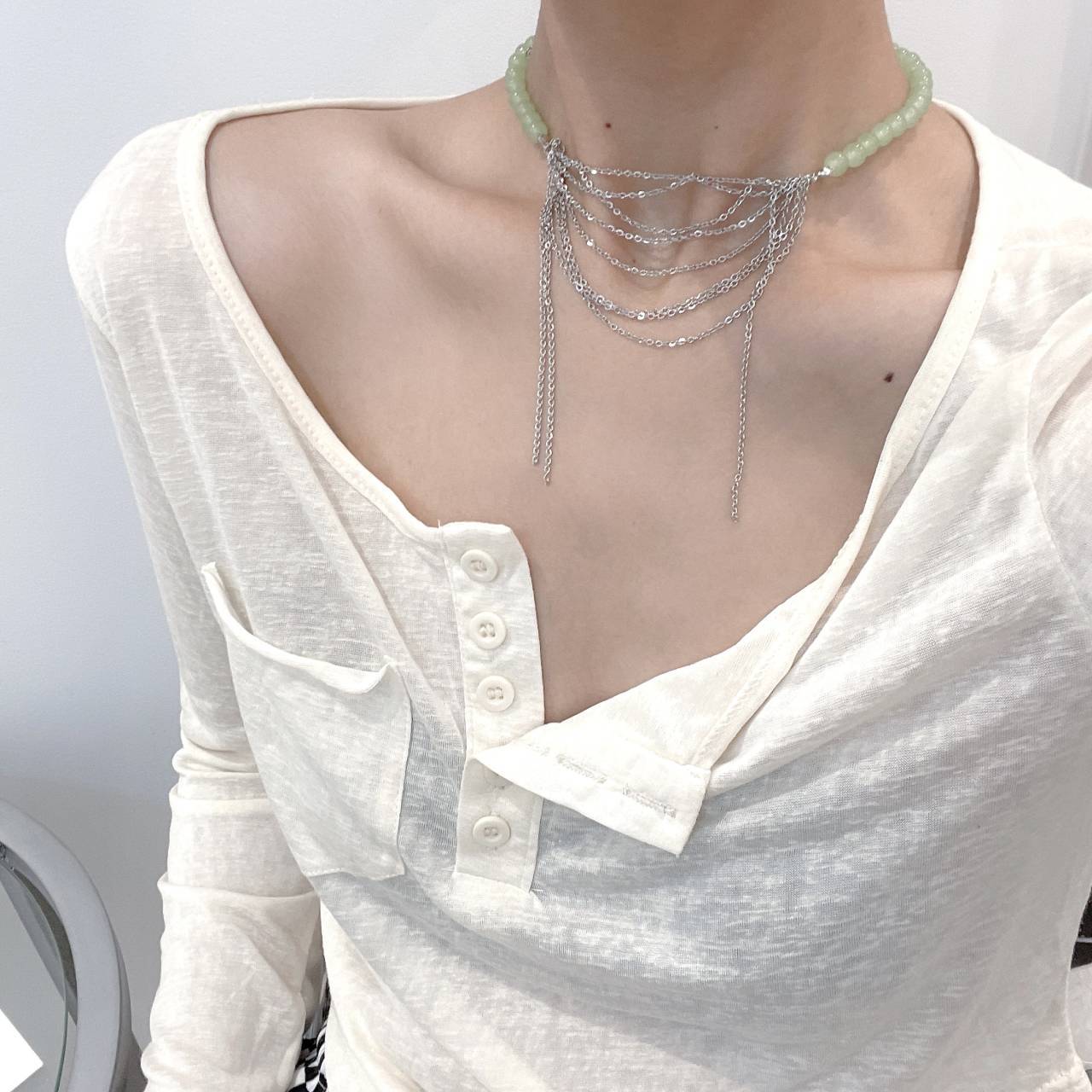 Round Bead Chain Stitching Tassel Necklace