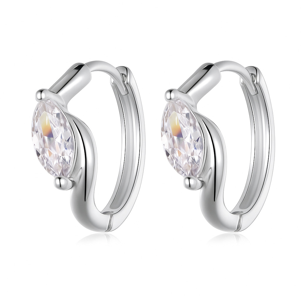 S925 Sterling Silver Marquise Cut Huggie Earrings, 3.5x7mm D-VVS1 Moissanite, Platinum Plated 2g Elegant Women's Jewelry Gift Box