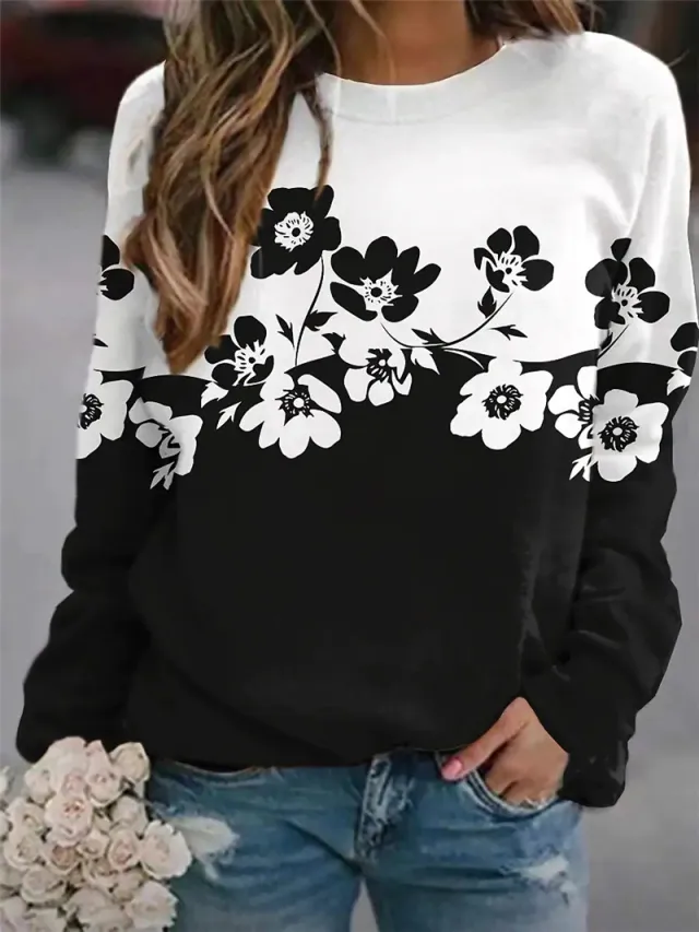 European And American New Flower Print Round Collar Long Sleeve Hoodie White - Shop at LoveMi