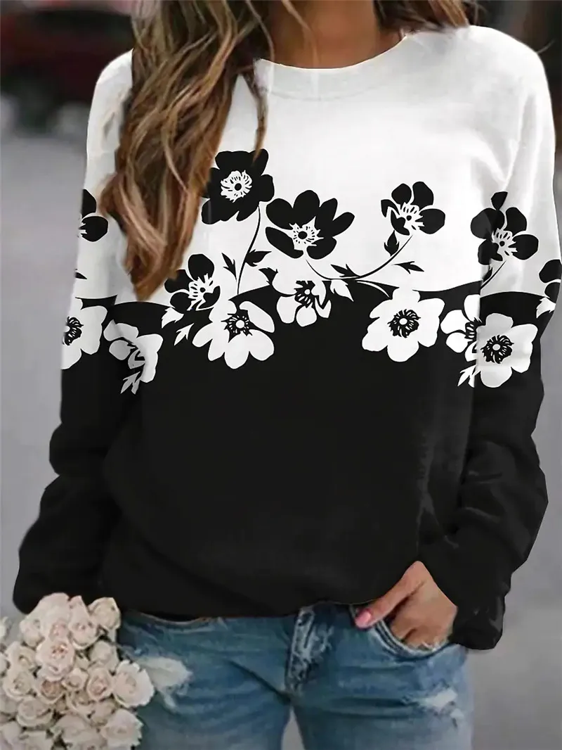European And American New Flower Print Round Collar Long Sleeve Hoodie - White