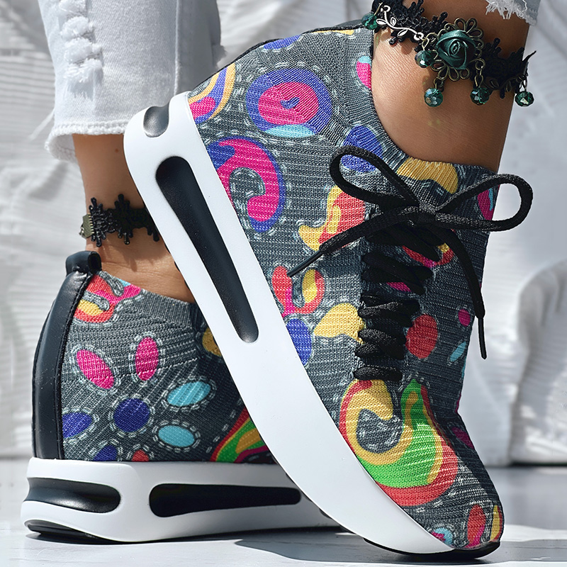 Women's Random Print Side Lace-Up Elastic Sport Shoes, Comfortable Slip-On Sneakers For Women, Casual Daily Wear Footwear — foto 14