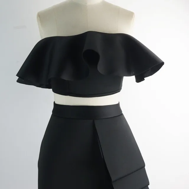 Women's Fashion Solid Colour High Waisted Skirt Top Two Piece Set Black - Shop at LoveMi