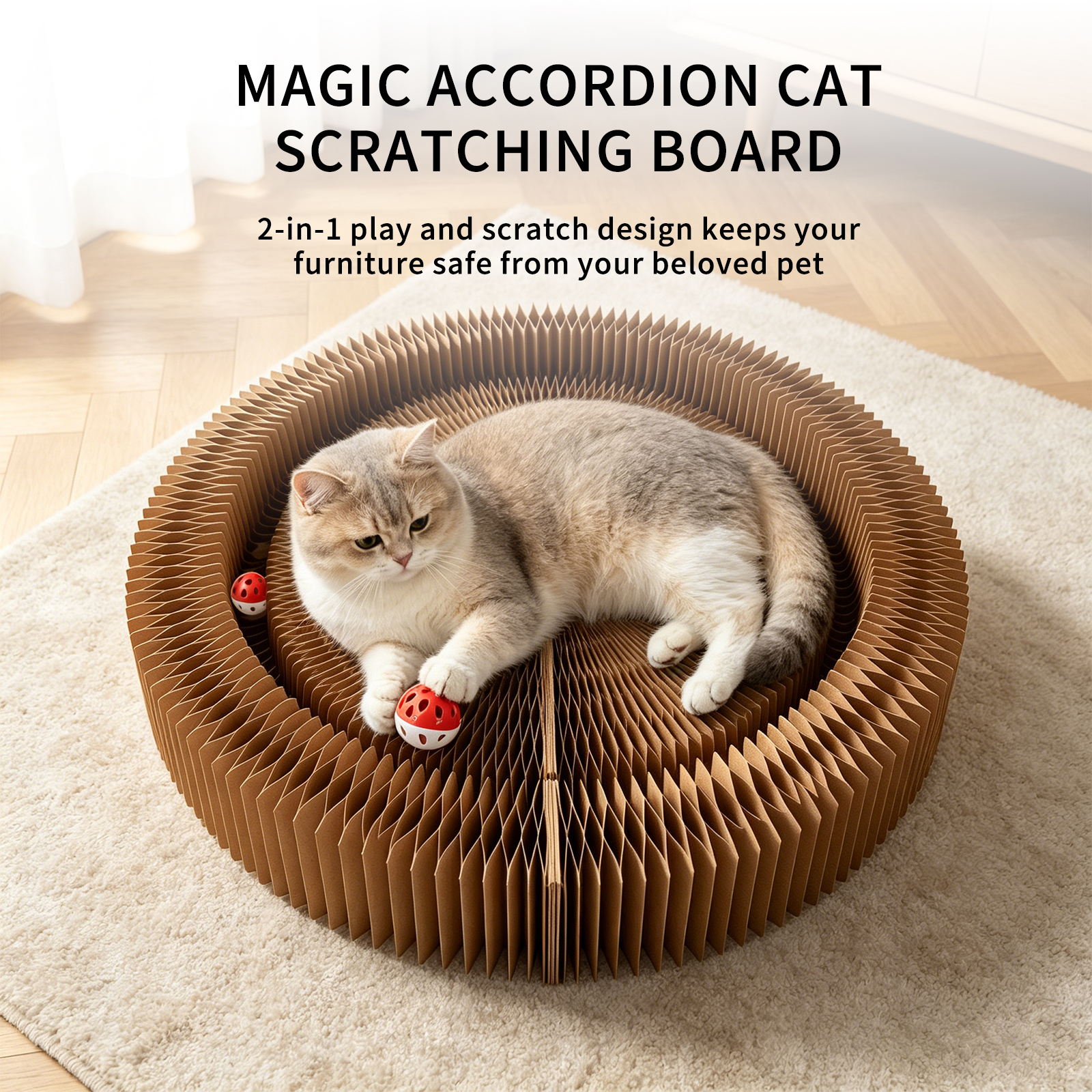 Multi-form Foldable Magic Organ Cat Scratcher Corrugated Cardboard Scratch Board Interactive Cat Toy With Rolling Bell Ball Indoor Kitten Grinding Claw Furniture — foto 3