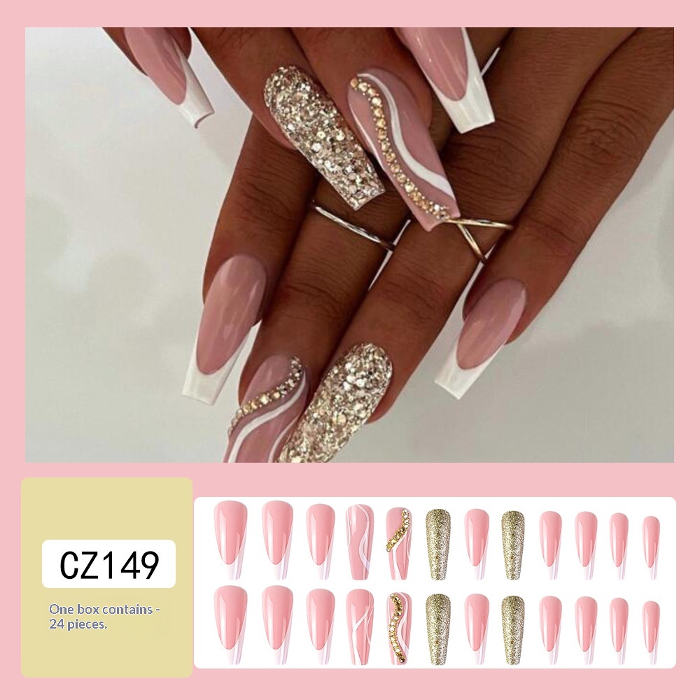 24 Pieces Of Long-style Coffin-shaped White-edged French Pressing-style Nail Geometric Line Wearables With 3D Embedded Crystal Nail Stickers, Including 1 Piece Of Jelly Glue And 1 Nail File. — foto 5