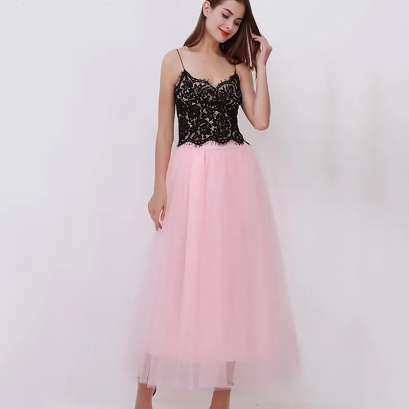 Lace Princess Tulle Long Drees Tutu Skirts For Women - Peach-One Size