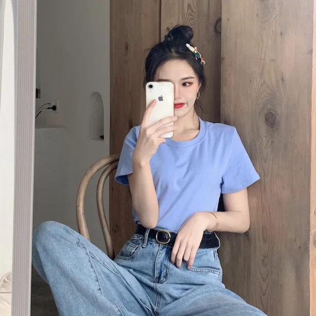 Candy Crew Neck Short Sleeve Top Women's Loose Inner Bottoming Shirt Western Style Short Sleeve T Shirt Blue - Shop at LoveMi