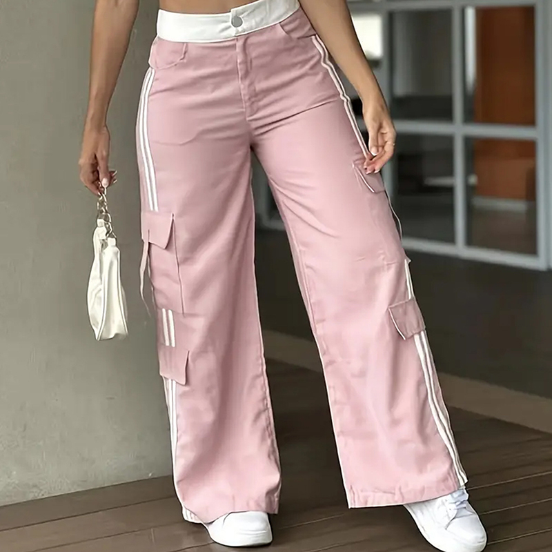Women's Striped Straight Leg Pants Button Zip With Pocket Casual Trousers For Spring And Fall Pink - Shop at LoveMi