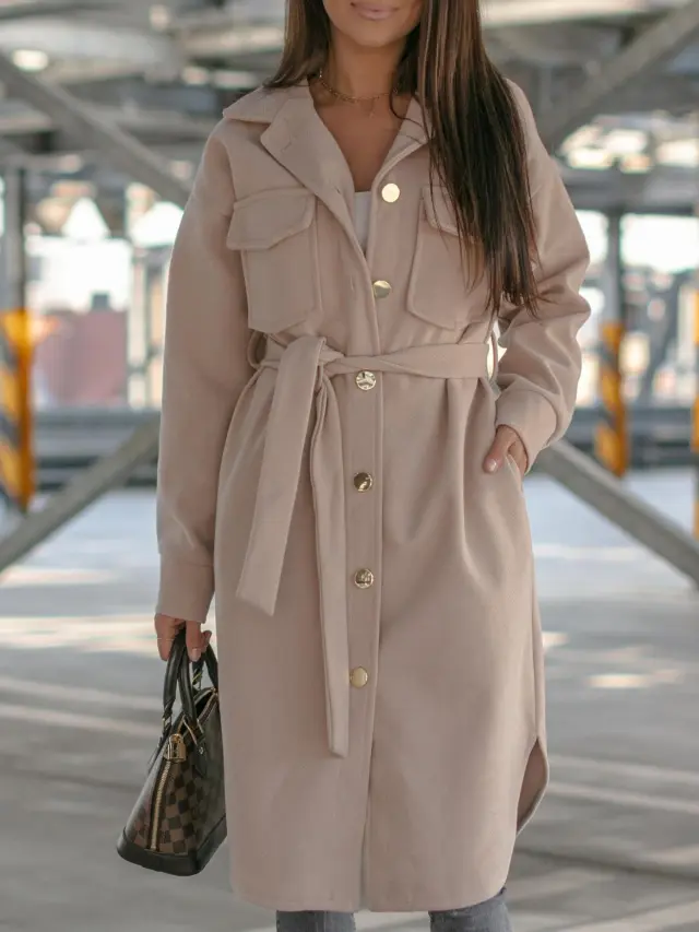 Solid Color Lace Long Sleeve Woolen Coat Apricot - Shop at LoveMi