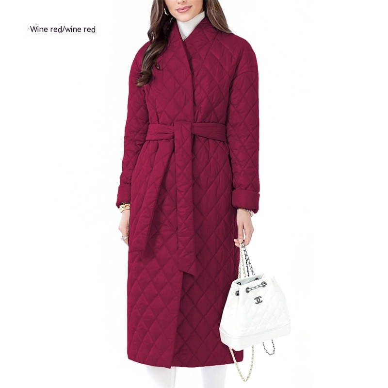 Winter Slim fit Lace Up Lapel Long Sleeve Plaid Long Coat Wine - Shop at LoveMi