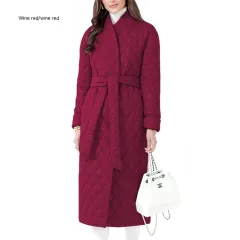Winter Slim-fit Lace Up Lapel Long Sleeve Plaid Long Coat - Wine - View 1
