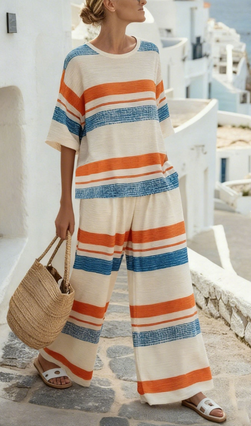 Summer Striped Suits Loose Batwing Sleeve T-shirt And Solid Straight-leg Pants