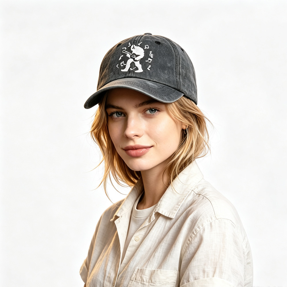 2pcs Guitar Black Baseball Cap For Women Men, Bigfoot Playing Guitar Musical Note Embroidery Hat, Vintage Distressed Cotton Trucker Cap For Summer Outdoor — foto 3