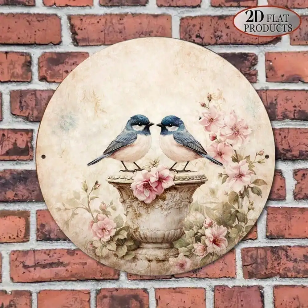 Vintage Bird & Flower Round Sign 8x8in