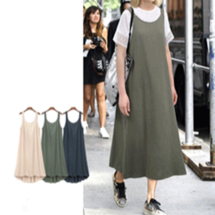 New Plus Size Women's Solid Color Linen Slip Dress