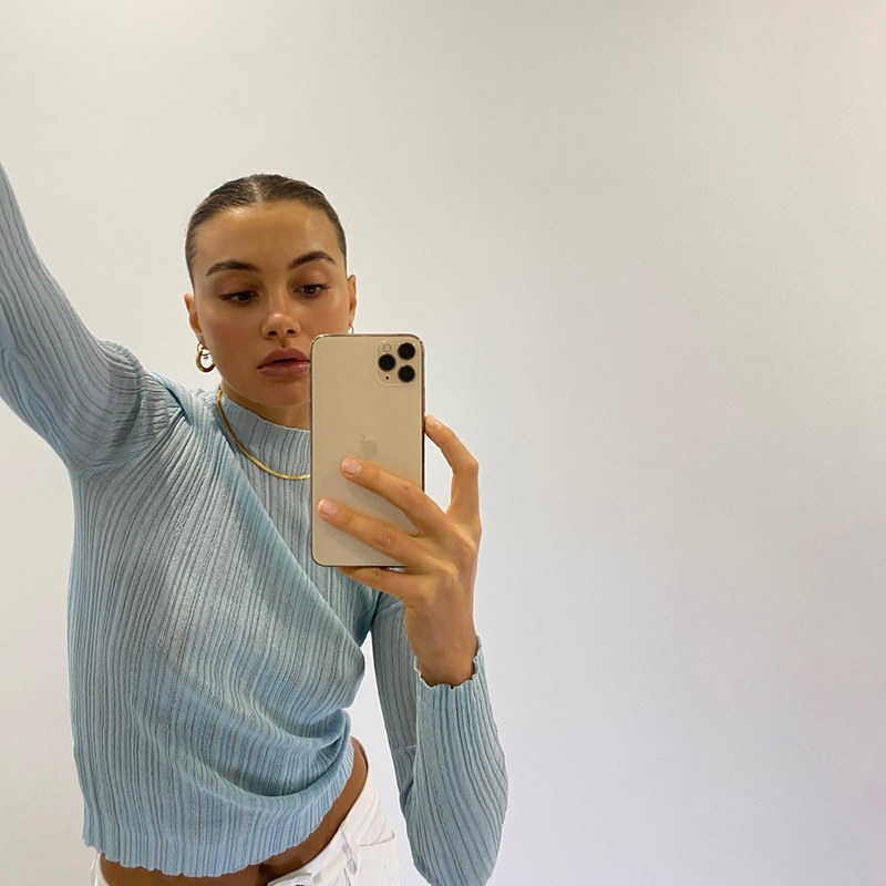 Slim-fit Long-sleeved T-shirt With Round Neck And Wooden Ears