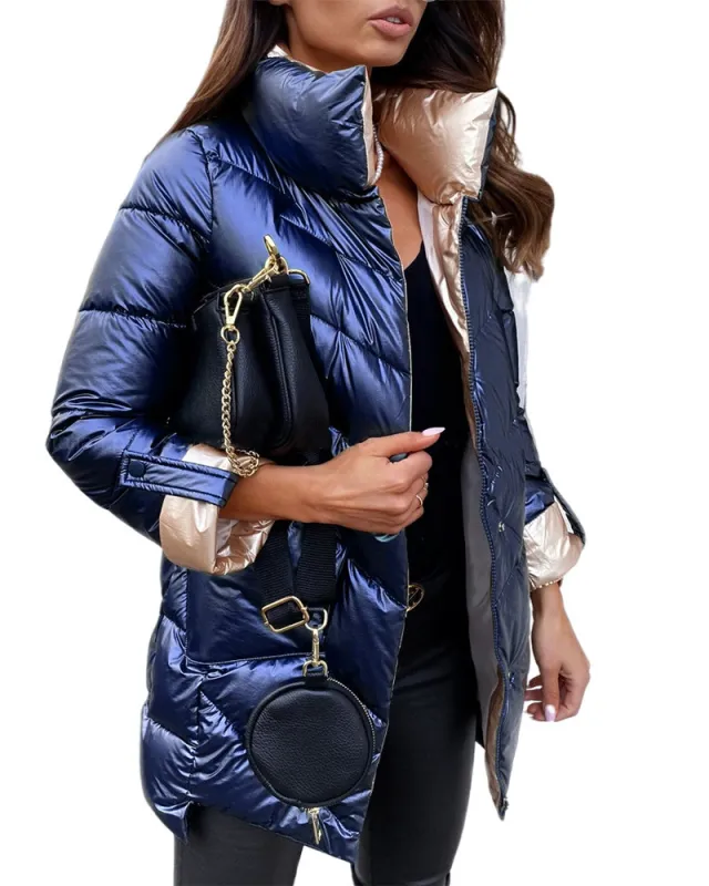 New Style Ladies Pure Color Glossy Stretchable Sleeves Zipper Cardigan Cotton Jersey Blue - Shop at LoveMi