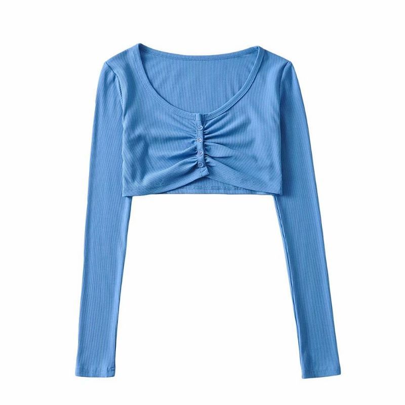 Autumn Pullover Round Neck Long-sleeved Single-breasted Women's Umbilical T-shirt