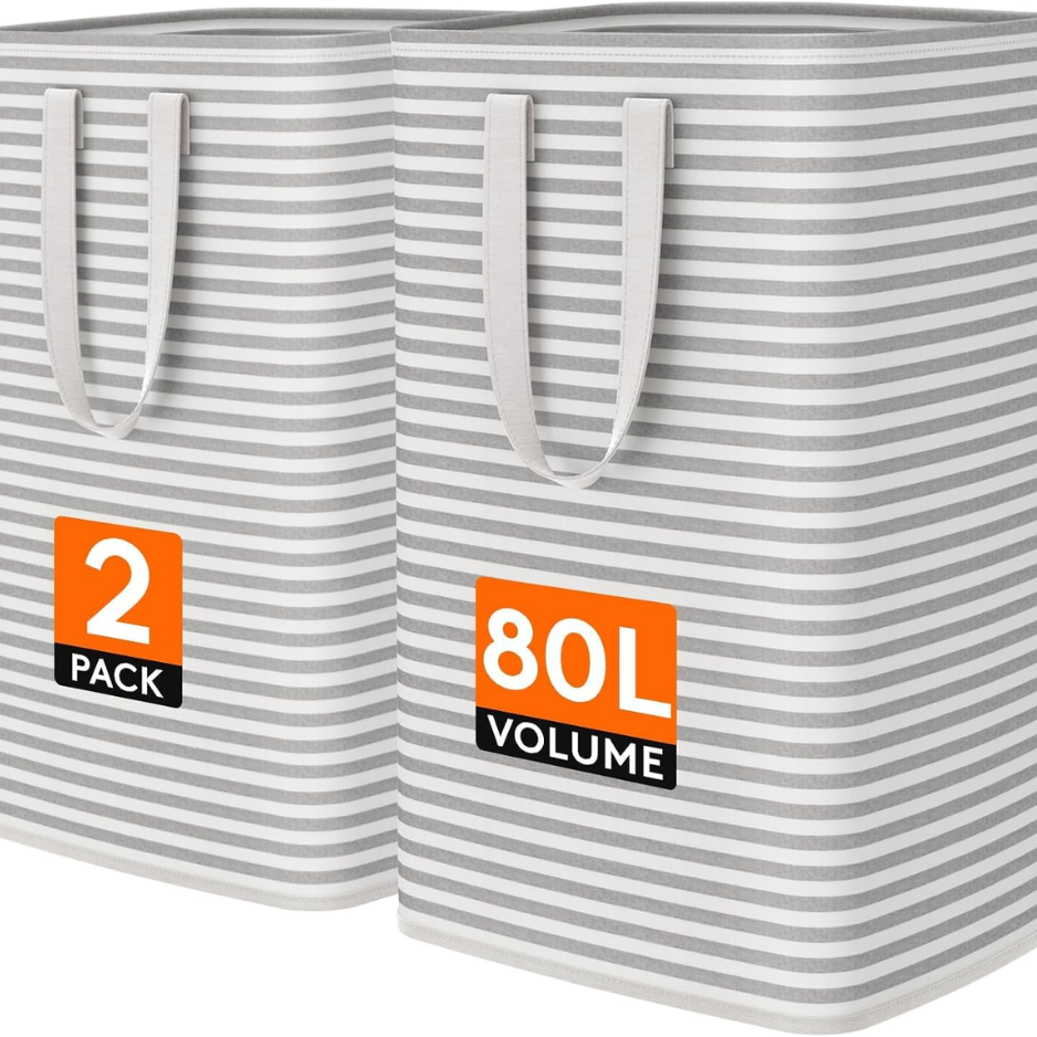 2PCS 80L Large Laundry Baskets, Foldable Laundry Hamper Bags, Spacious Clothes Storage Bins, Grey