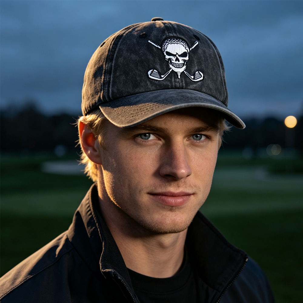 2pcs Washed Distressed Golf Skull Baseball Cap, Crossed Golf Clubs Embroidery Vintage Hat For Men Women — foto 3