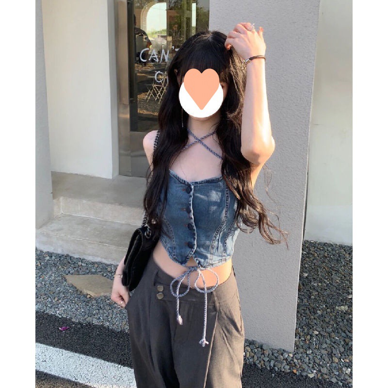 American Style Slim Fitting Denim Suspender Vest Denim Sling - Shop at LoveMi