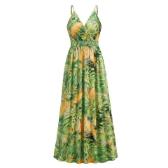 Flowers Long Dress Summer Swing Holiday Beach Dress - Green - View 1