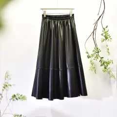 Retro PU Leather Commuter Versatile Elastic Waist Mid-length Skirt - Black - View 1