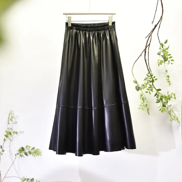 Retro PU Leather Commuter Versatile Elastic Waist Mid length Skirt Black - Shop at LoveMi