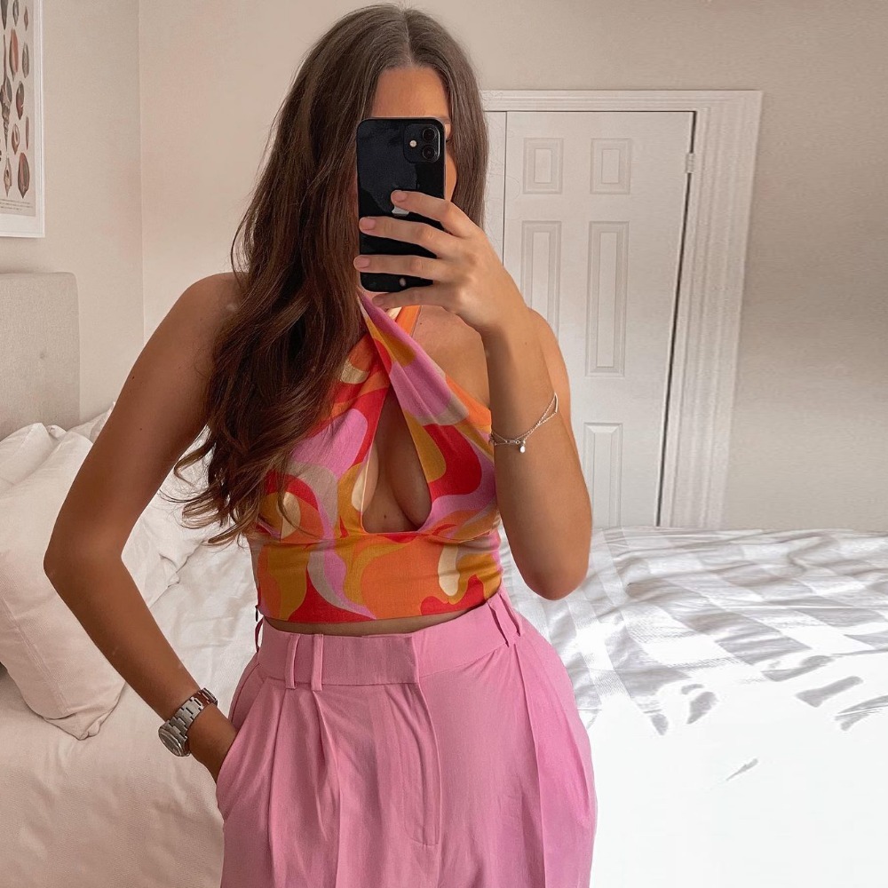 Halterneck Printed Linen Short Top