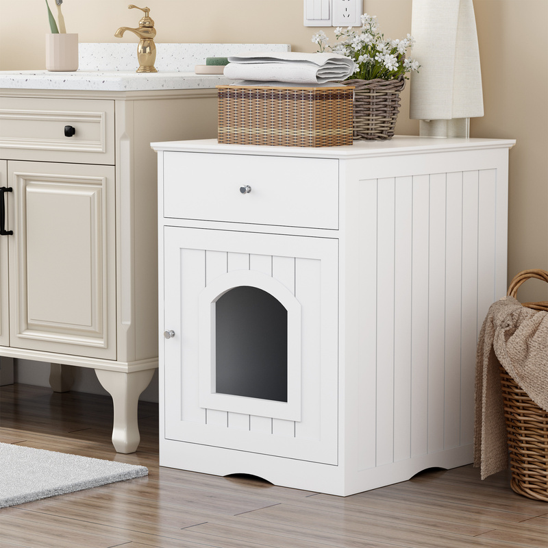 White Wooden Cat Litter Box Enclosure W Drawer & Side Table, Indoor Pet Crate Nightstand For Home — foto 2