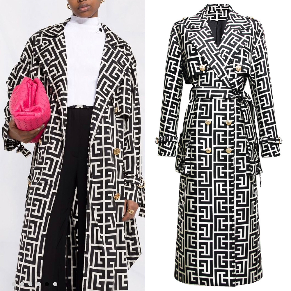 Title 5, Printed Medium-long Black Trench Coat