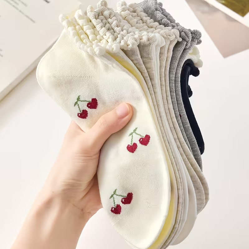 Coquette Cherry Print Ruffle Cuff Ankle Socks, Cute Low-Cut Knit Socks, Women's Sweet Casual Socks For Spring & Summer