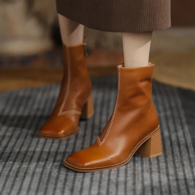 Lambskin Square Toe Retro Chunky Heel Ankle Boots Women's High Heels Khaki - Shop at LoveMi