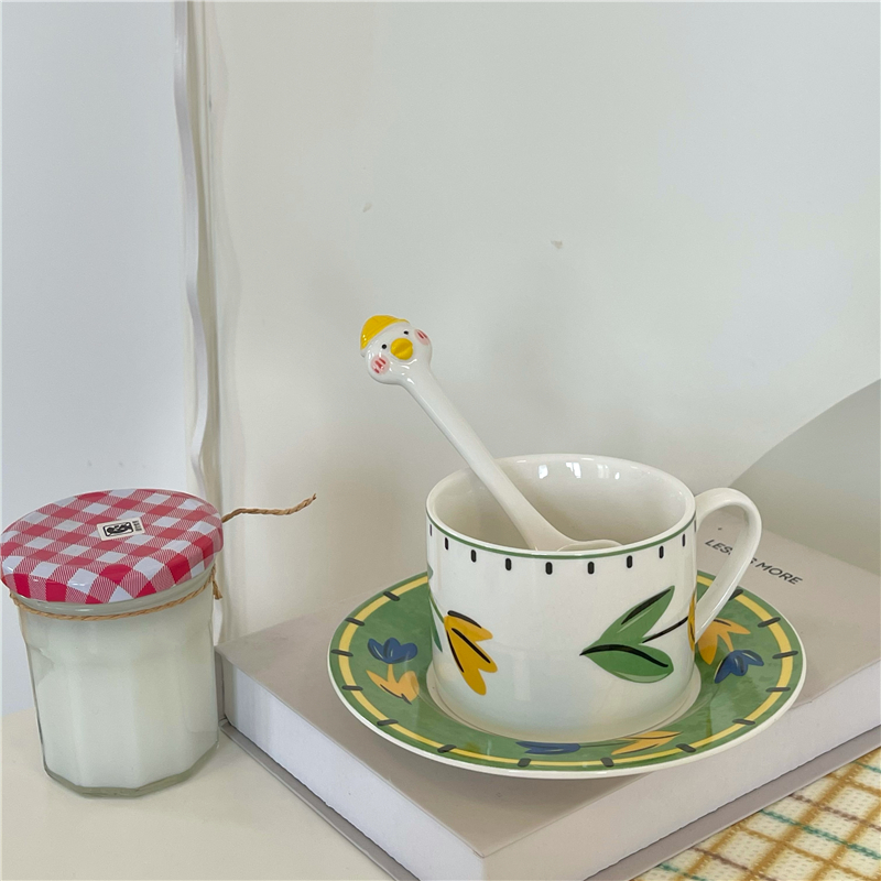 Vintage Hand Drawn Tulip Green Cup And Saucer