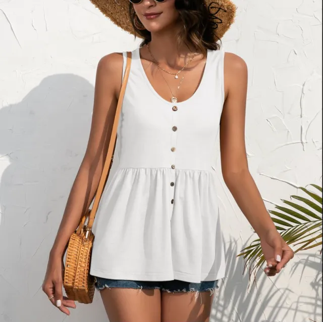 Solid Color Pleated Sleeveless Decorative Button U neck T shirt White - Shop at LoveMi