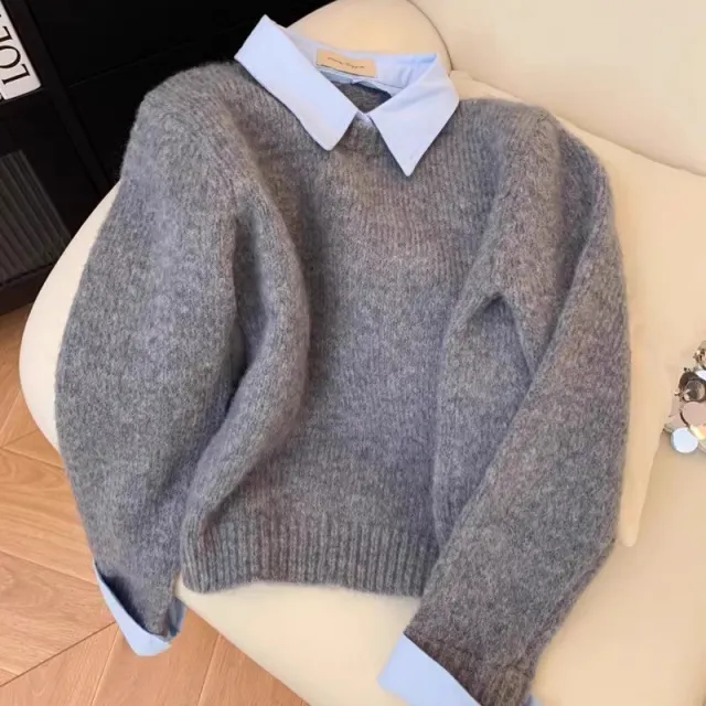 Women's Elegant Fake Two Piece Sweater, Collared Long Sleeve Pullover With Button Detail For Versatile Layering Gray - Shop at LoveMi