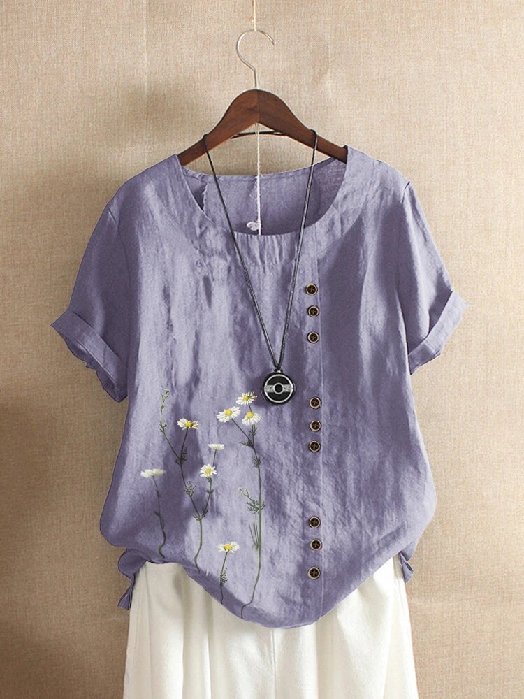 Women's Fashion Casual Floral Print Button Decorated Shirt