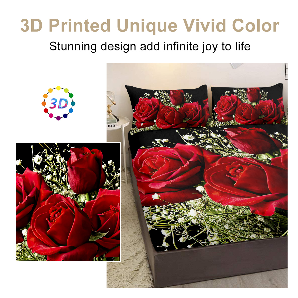 3pcs Rose Floral Bed Sheet, Microfiber Flower Bedding Sheet Set, Red Black Bedding Sheet Set With 1 Fitted Sheet And 2 Pillowcases