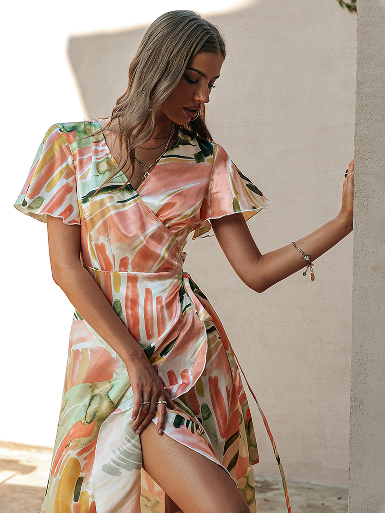 Printed Single Puff Sleeve Mid-waist Cotton Yellow Long Skirt