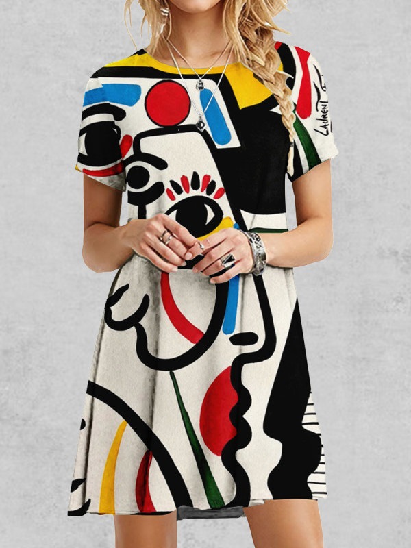 Positioning Print Round Neck Pullover Short Dress