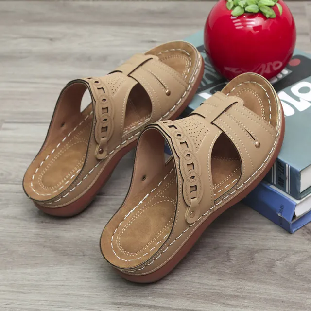 Women's Slippers Wedge Heel Round Toe Roman Shoes Beige - Shop at LoveMi