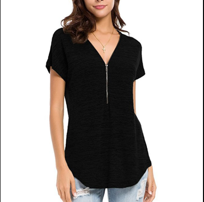 Title 5, Pure Color Zipper Stitching Casual Loose V-neck...